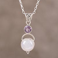 Rainbow moonstone and amethyst pendant necklace, 'Alluring Serenity'