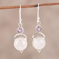 Rainbow moonstone and amethyst dangle earrings, 'Alluring Serenity' - Sterling Silver Rainbow Moonstone Amethyst Dangle Earrings