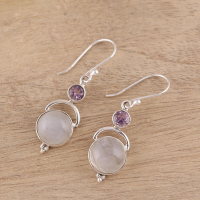 Rainbow moonstone and amethyst dangle earrings, 'Alluring Serenity' - Sterling Silver Rainbow Moonstone Amethyst Dangle Earrings