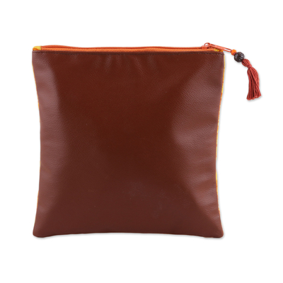 Leather accent cotton coin purse, 'Saffron Sunshine' - Handmade Versatile Indian Leather and Cotton Coin Purse