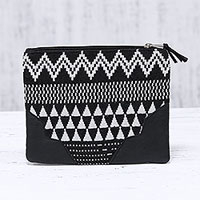Cotton cosmetic bag, 'Monochrome Magic' - Handmade Black and White Cotton Cosmetic Purse from India