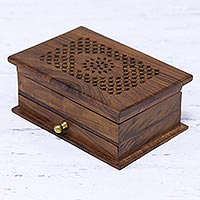 Wood Jewellery box, 'Floral Dignity' - Handmade Floral Jali Acacia Wood Jewellery Box from India