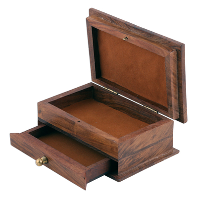 Wood jewelry box, 'Floral Dignity' - Handmade Floral Jali Acacia Wood Jewelry Box from India