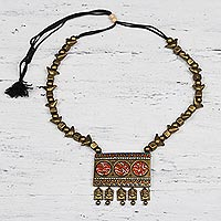 Ceramic pendant necklace, 'Dangling Ganesha' - Hand-Painted Golden Lord Ganesha Ceramic Pendant Necklace