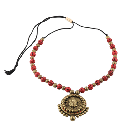 Ceramic pendant necklace, 'Brilliant Ganesha' - Hand-Painted Ceramic Lord Ganesha Gold Medallion Necklace