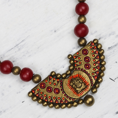 Ceramic pendant necklace, 'Divine Ganesha' - Red and Gold Divine Ganesha Ceramic Pendant Necklace