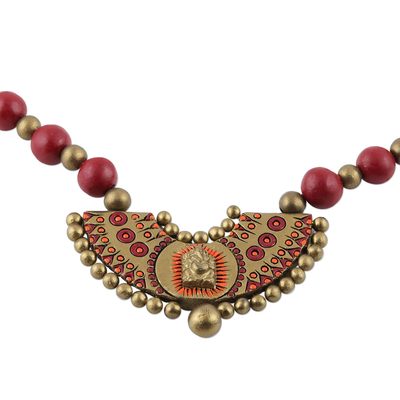 Collar colgante de cerámica - Collar con colgante de cerámica Divino Ganesha rojo y dorado