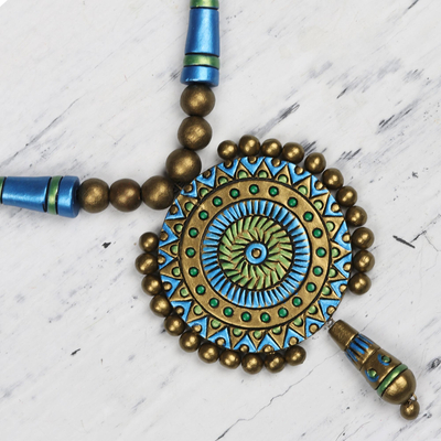 Ceramic pendant necklace, 'Peacock Gold' - Hand-Painted Golden Peacock Ceramic Pendant Necklace