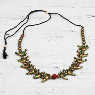 Halskette mit Keramikperlen, „Goldene Vögel“ – handbemalte verstellbare Halskette mit goldenen Vögeln aus Keramikperlen