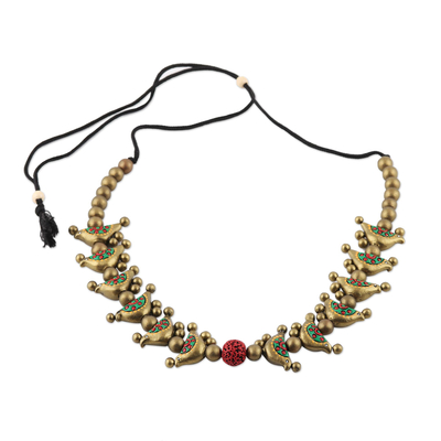 Ceramic beaded necklace, 'Golden Birds' - Hand-Painted Golden Birds Ceramic Beaded Adjustable Necklace