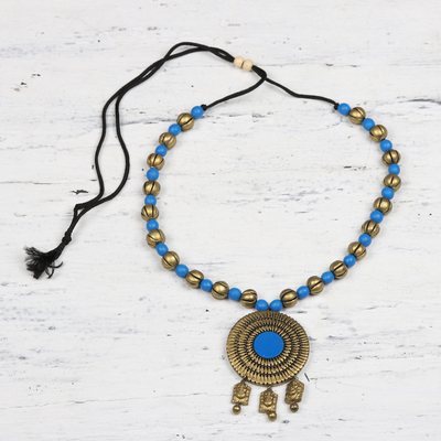Ceramic pendant necklace, 'Golden Ganesha' - Hand-Painted Gold and Blue Lord Ganesha Medallion Necklace