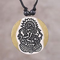 Ceramic pendant necklace, 'Concerned Ganesha' - Ceramic Golden Lord Ganesha Round Pendant Necklace