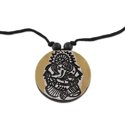 Ceramic Golden Lord Ganesha Round Pendant Necklace