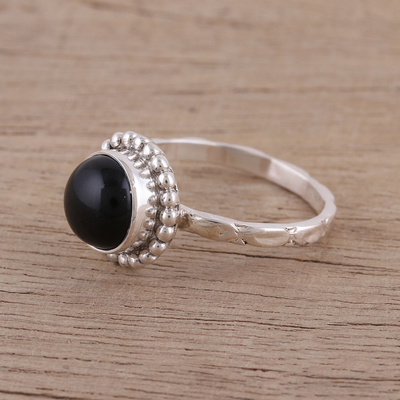 Onyx cocktail ring, 'Mystic Flower' - Handmade 925 Sterling Silver Onyx Cocktail Ring India