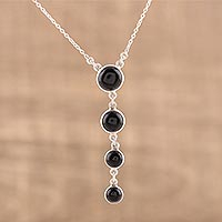 Onyx Y-necklace, 'Dancing Orbs' - 925 Sterling Silver and Black Onyx Y-Necklace from India