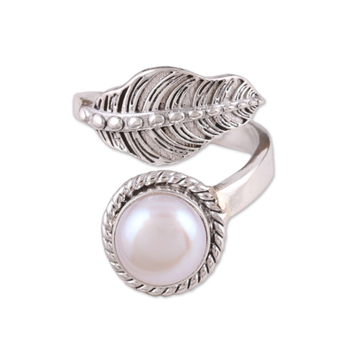 Handmade 925 Sterling Silver Cultured Pearl Leaf Wrap Ring