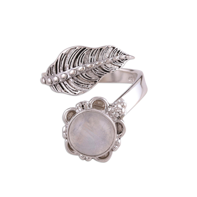 Leaf-Shaped Rainbow Moonstone Wrap Ring from India