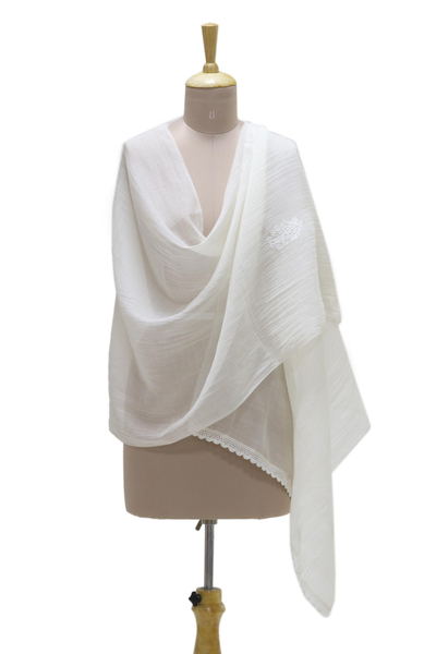 Cotton blend shawl, 'Blossoming Bouquet' - Warm White Embroidered Sheer Cotton and Silk Blend Shawl