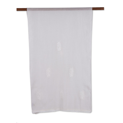 Chal de mezcla de algodón - Chal de mezcla de seda y algodón transparente bordado blanco cálido