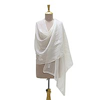 Cotton and silk blend shawl, 'Blooming Garden' - Warm White Embroidered Sheer Cotton and Silk Blend Shawl