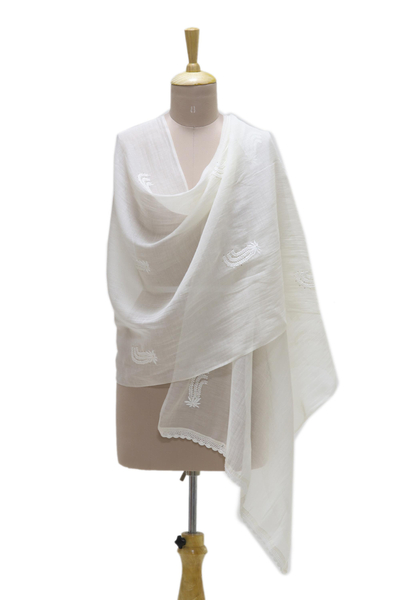 Cotton and silk blend shawl, 'Blooming Garden' - Warm White Embroidered Sheer Cotton and Silk Blend Shawl