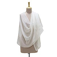 Cotton and silk blend shawl, 'Elegant Blossom' - Warm White Embroidered Sheer Cotton and Silk Blend Shawl