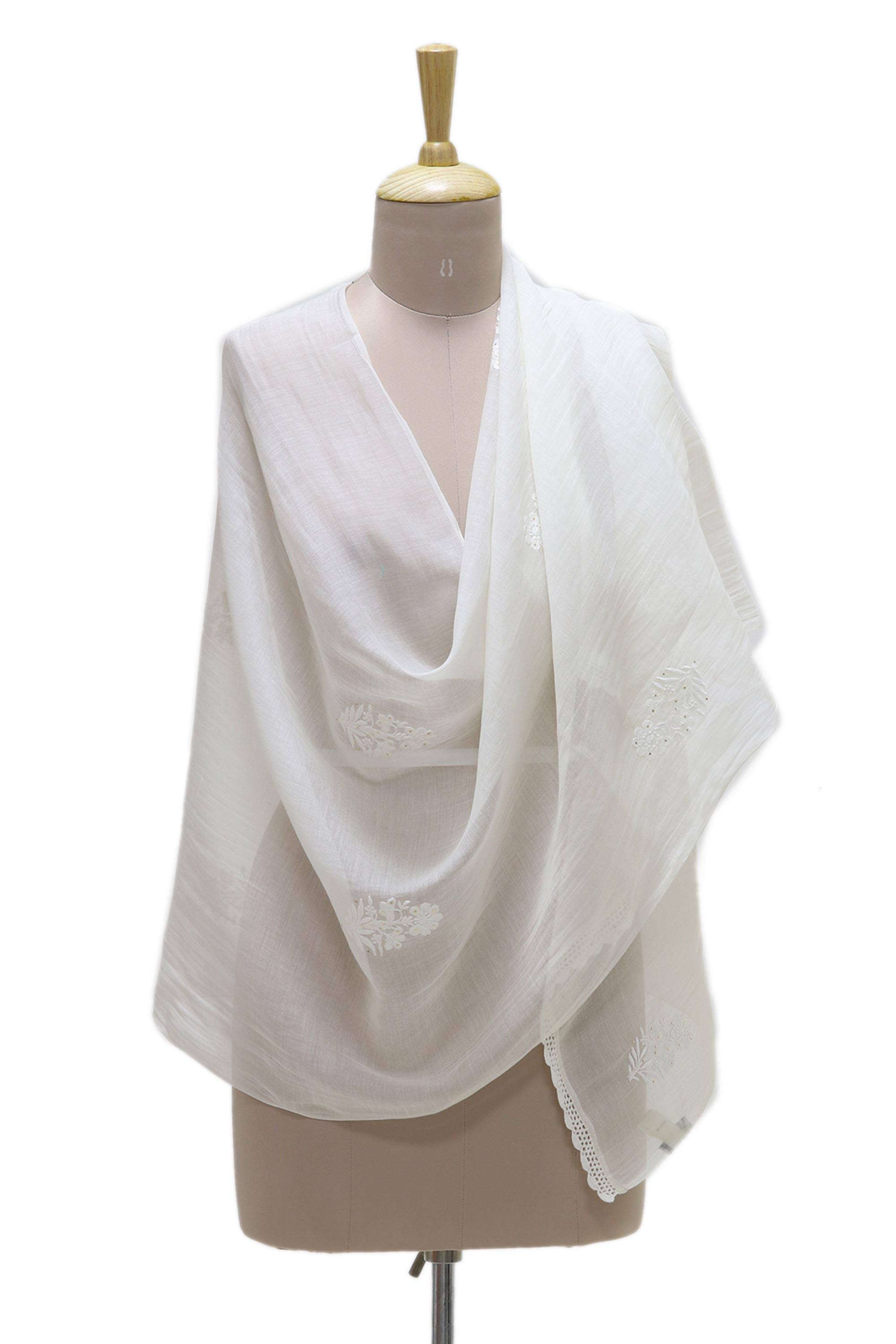 Warm White Embroidered Sheer Cotton and Silk Blend Shawl - Elegant