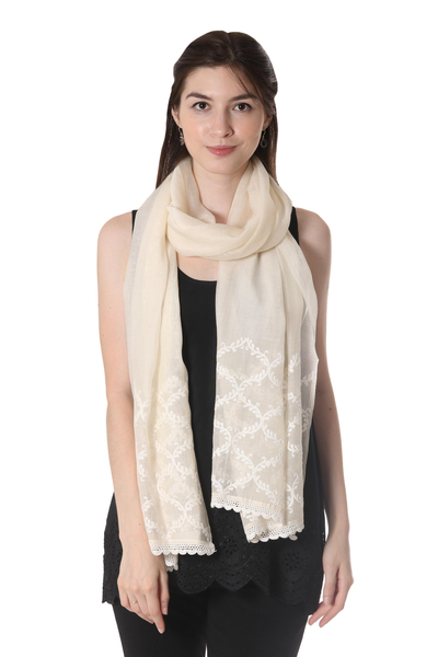 Cotton and silk blend shawl, 'Chikan Chic' - Warm White Embroidered Sheer Cotton and Silk Blend Shawl