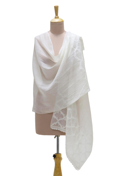 Schal aus Baumwoll- und Seidenmischung - Warmweißer bestickter Schal aus transparenter Baumwoll- und Seidenmischung