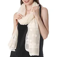 Cotton and silk blend shawl, 'Classic Beauty' - Warm White Embroidered Sheer Cotton and Silk Blend Shawl