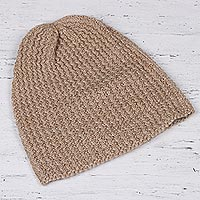 Wool blend hat, 'Himalayan Waves Ecru' - Hand-Knit Ecru Wool Blend Zigzag Ribbed Hat from India