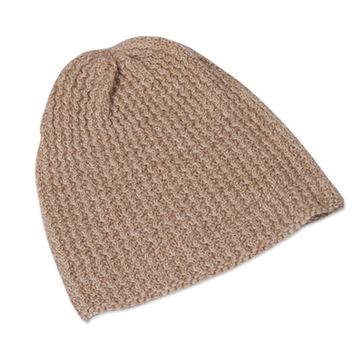 Hand-Knit Ecru Wool Blend Zigzag Ribbed Hat from India