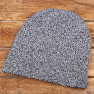 Wood blend hat, 'Himalayan Comfort in Grey' - Hand Knitted Stone Grey Wool Blend Hat from India