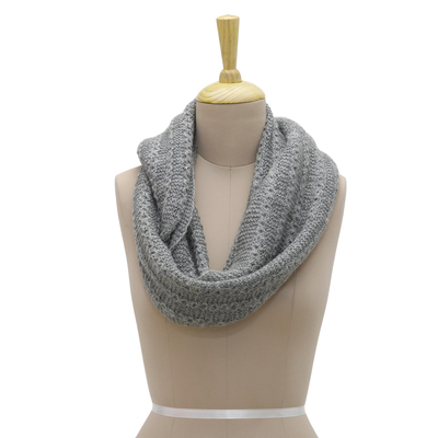 Wool blend infinity scarf, 'Graceful Grey' - Hand-Knit Grey Wool Blend Vertical Ribbed Infinity Scarf