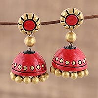 Ceramic dangle earrings, 'Golden Passion' - Red and Gold Ceramic Dangle Earrings Crafted in India