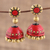 Ceramic dangle earrings, 'Golden Passion' - Red and Gold Ceramic Dangle Earrings Crafted in India