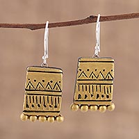 Ceramic dangle earrings, 'Golden Dance' - Gold-Tone Ceramic Dangle Earrings Crafted in India