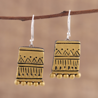 Ceramic dangle earrings, 'Golden Dance' - Gold-Tone Ceramic Dangle Earrings Crafted in India