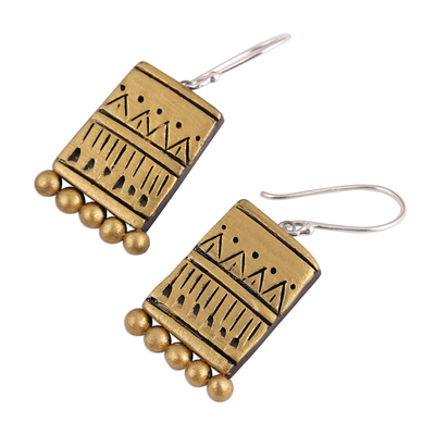 Ceramic dangle earrings, 'Golden Dance' - Gold-Tone Ceramic Dangle Earrings Crafted in India