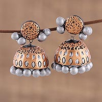 Ceramic dangle earrings, 'Rich Ambiance' - Gold and Silver-Tone Ceramic Dangle Earrings from India