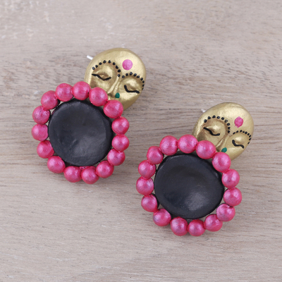 Ceramic dangle earrings, 'Golden Ladies' - Hand-Painted Feminine Ceramic Dangle Earrings from India