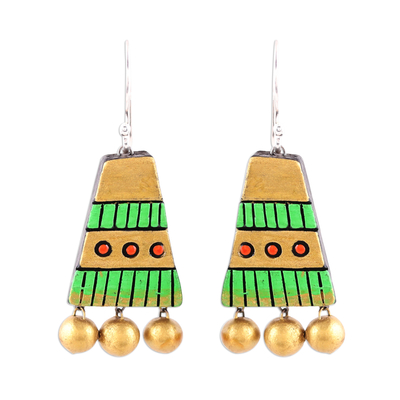 Ceramic dangle earrings, 'Tribal Pyramids' - Gold-Tone and Green Ceramic Dangle Earrings from India