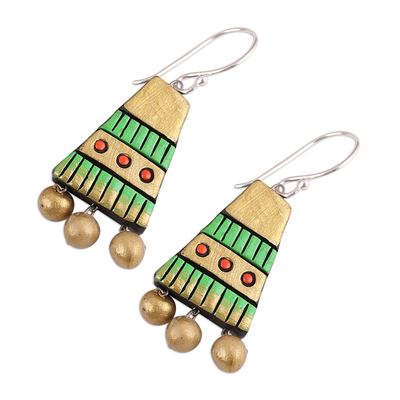 Ceramic dangle earrings, 'Tribal Pyramids' - Gold-Tone and Green Ceramic Dangle Earrings from India