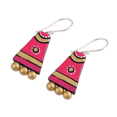 Ceramic dangle earrings, 'Tribal Mounds' - Red Ceramic Dangle Earrings Handcrafted in India