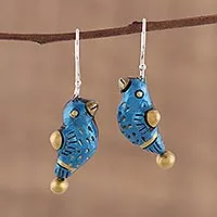 Terracotta dangle earrings, 'Dancing Sparrow' - Hand Crafted Terracotta Blue Bird Earrings from India