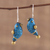Terracotta dangle earrings, 'Dancing Sparrow' - Hand Crafted Terracotta Blue Bird Earrings from India