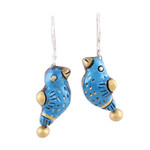 Terracotta dangle earrings, 'Dancing Sparrow' - Hand Crafted Terracotta Blue Bird Earrings from India
