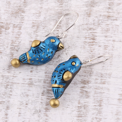 Terracotta dangle earrings, 'Dancing Sparrow' - Hand Crafted Terracotta Blue Bird Earrings from India