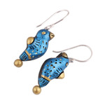 Terracotta dangle earrings, 'Dancing Sparrow' - Hand Crafted Terracotta Blue Bird Earrings from India