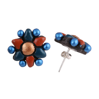 Ceramic button earrings, 'Delightful Flowers' - Flower-Shaped Ceramic Button Earrings Crafted in India